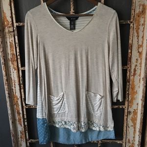 Ali Miles Mixed Media HiLow 3/4 Sleeve Tunic Top S